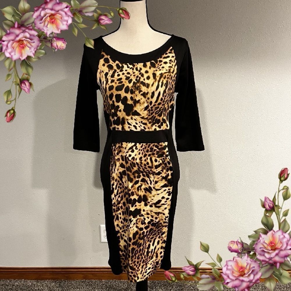 ALLOY APPAREL BLACK LEOPARD‎ DRESS WITH LONG SLEEVE